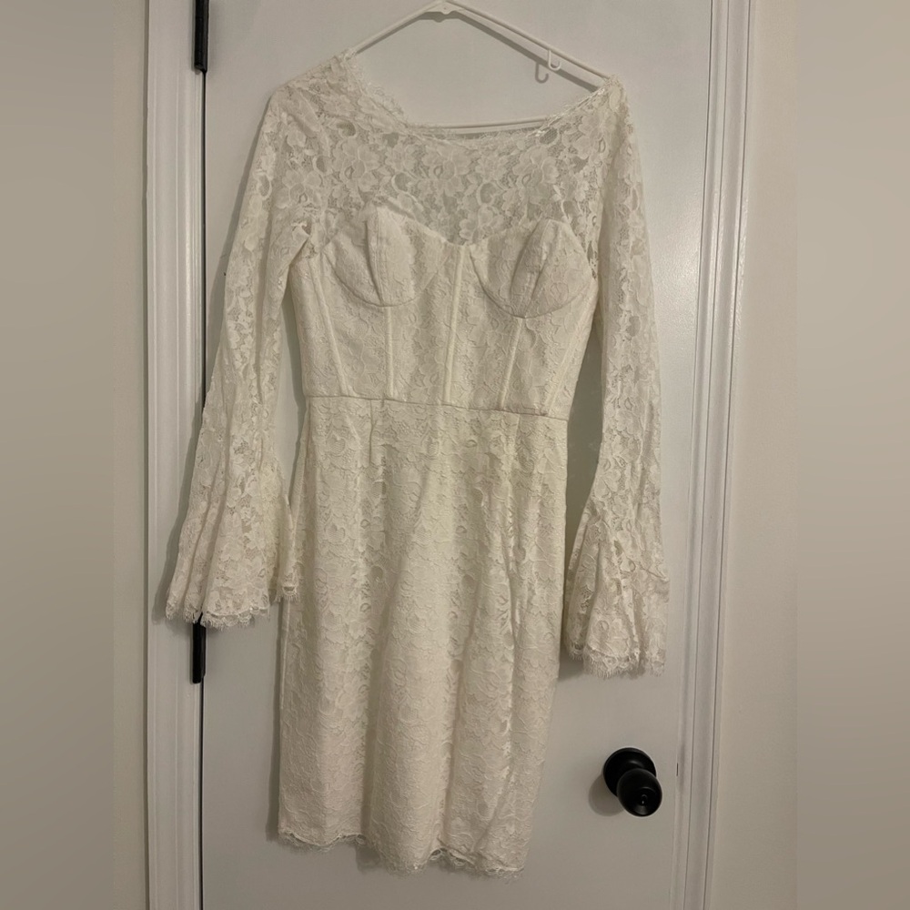 BCBGMaxAzria New White Lace Dress with Bell Sleeves